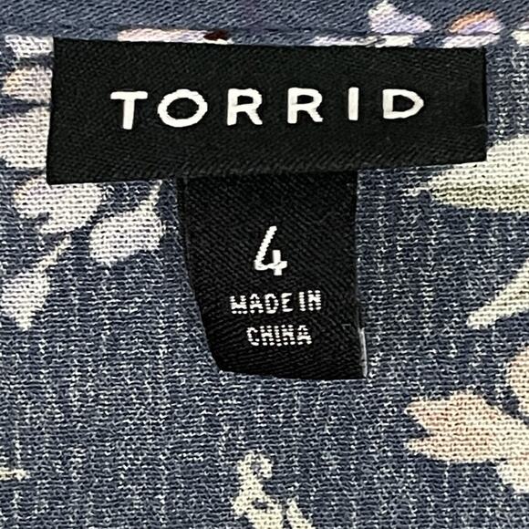 Torrid Babydoll Top Size 4X Blue Floral Gauze Crochet Trim Lace up Tassels Boho - Picture 2 of 12